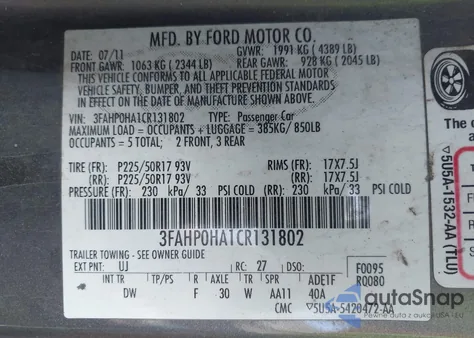 2012 Ford Fusion Se z USA, uszkodzony, nr VIN 3FAHP0HA1CR131802